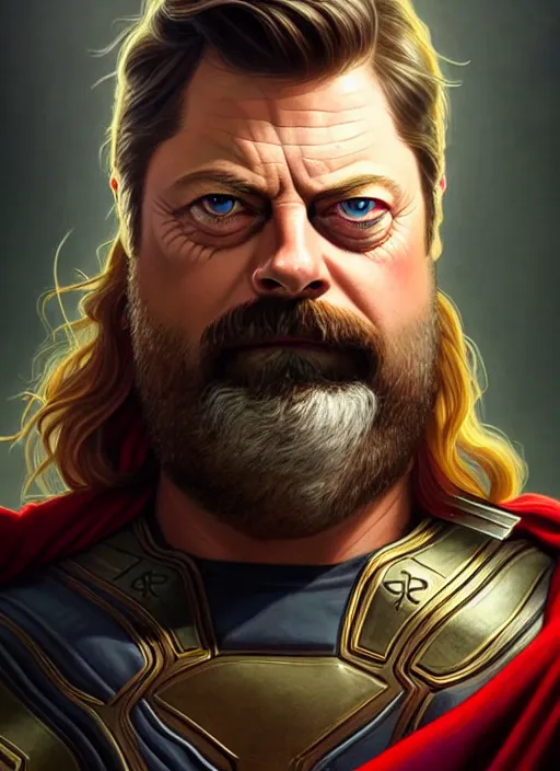 Image similar to portrait of nick offerman as thor, eyepatch, muscular, fantasy, intricate, elegant, highly detailed, digital painting, artstation, concept art, smooth, sharp focus, illustration, art by artgerm and greg rutkowski and alphonse mucha