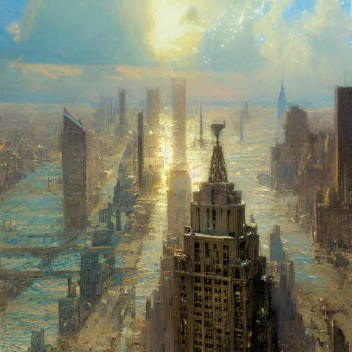 Image similar to the sea flooding the entire city of modern new york. you can see the water entering buildings highly detailed painting by gaston bussiere, craig mullins, j. c. leyendecker