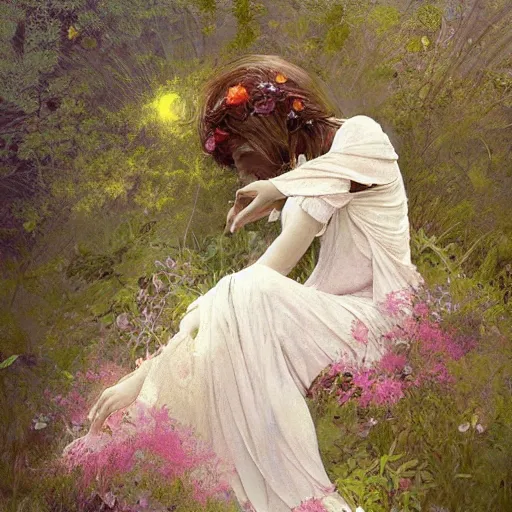 Prompt: moss and flowers forming the shape of a human figure. beautiful high quality realistic fantasy art, trending on artstation by artgerm and greg rutkowski and alphonse mucha