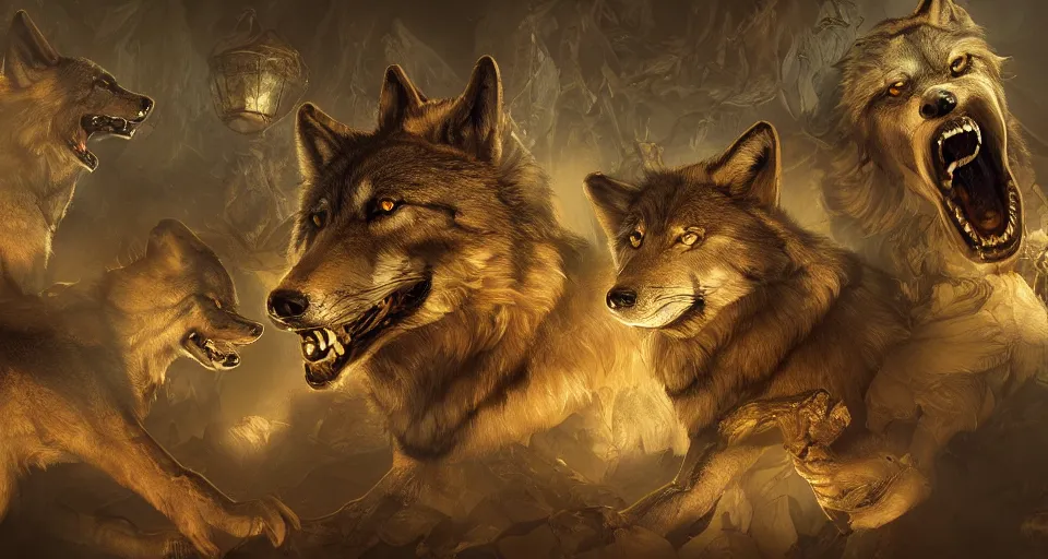 Image similar to wolves and their treasures. digital painting. dungeons, gold, translucent, intricate detail dynamic lighting, hyperrealistic, octane render, highly detailed concept art