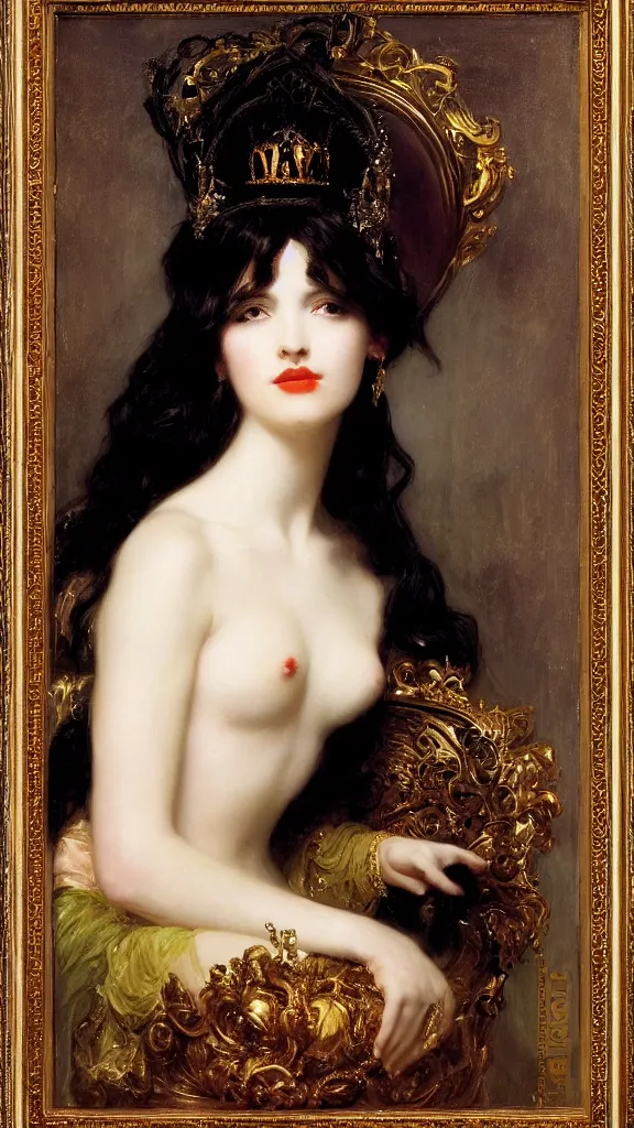 Image similar to a beautiful black haired woman with pale skin and a crown on her head sitted on an intricate metal throne by franz xaver winterhalter and delphin enjolras and rebecca guay