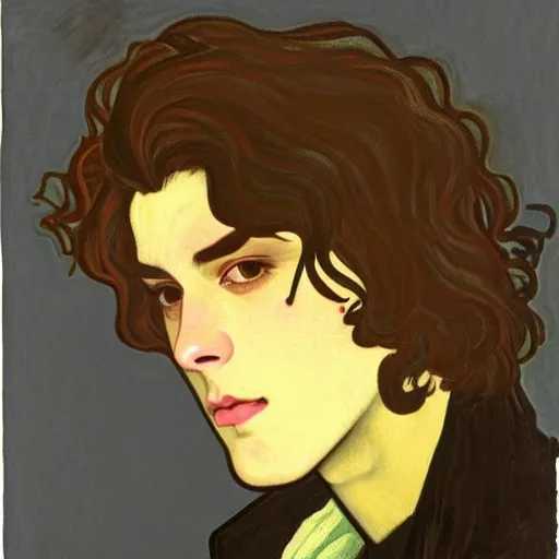 Image similar to painting of young cute handsome beautiful dark medium wavy hair man in his 2 0 s named shadow taehyung at the halloween pumpkin jack o'lantern party, depressed, melancholy, autumn, japan, elegant, clear, painting, stylized, delicate, soft facial features, delicate facial features, soft art, art by alphonse mucha, vincent van gogh, egon schiele