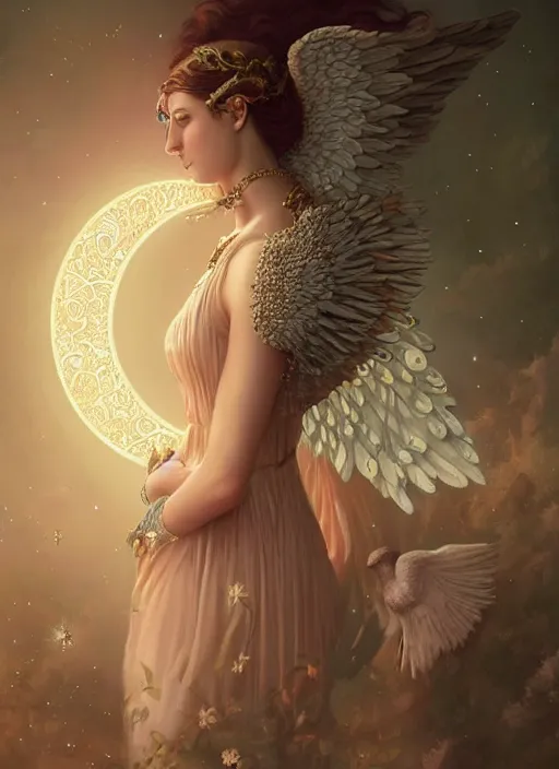 Image similar to A beautiful digital painting of a female angel full of jewels, princess, the moon behind her, intricate, cinematic lighting, highly detailed, digital painting, Artstation, concept art, smooth, sharp focus, illustration, art by Tom Bagshaw, Artgerm and Greg Rutkowski