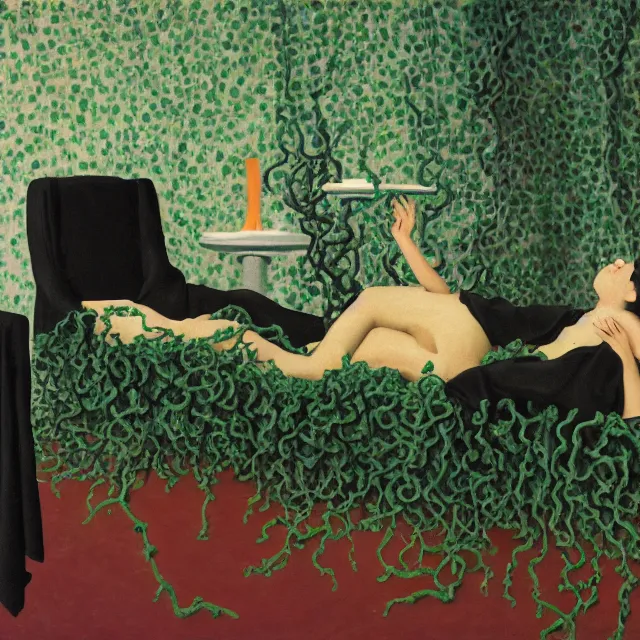 Image similar to a pathology student in her apartment, wrapped in vines, large stones, octopus, black walls, ikebana, black armchair, puddles, moss, acrylic on canvas, surrealist, by magritte and monet