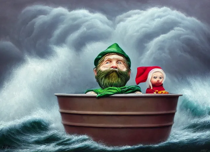 Image similar to a terrified garden gnome sailing in a bucket, background of raging ocean on a stormy day with dramatic clouds, an ultrafine detailed painting by mark ryden, trending on deviantart, pop surrealism, whimsical, lowbrow, rainy, perfect symmetrical face