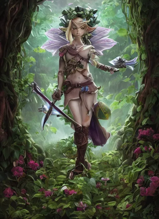 Image similar to beautiful full body portrait of the legend of Zelda ocarina of time great fairy, her body wrapped with ivy vines leaves and flowers, dark fantasy esoteric, D&D, fantasy, cinematic lighting, intricate, elegant, highly detailed, digital painting, artstation, concept art, matte, sharp focus, illustration, art by Artgerm and Tom Bagshaw and Greg Rutkowski and Alphonse Mucha