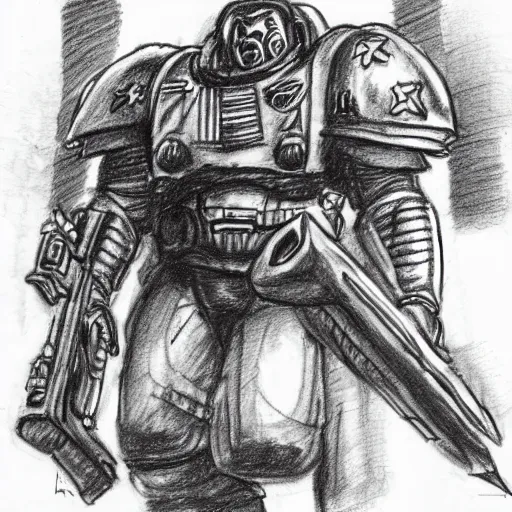 Image similar to an angry looking space marine sits in a pub drinking beer, sketchbook, pencil, thin strokes, highly detailed