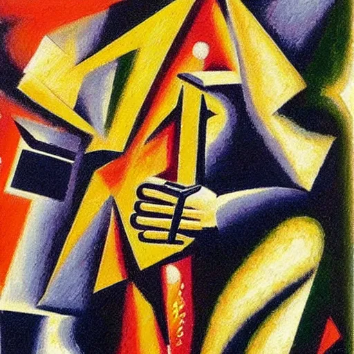 Prompt: A painting. A rip in spacetime. Did this device in his hand open a portal to another dimension or reality?! pointillism by Ossip Zadkine, by Mike Allred brash