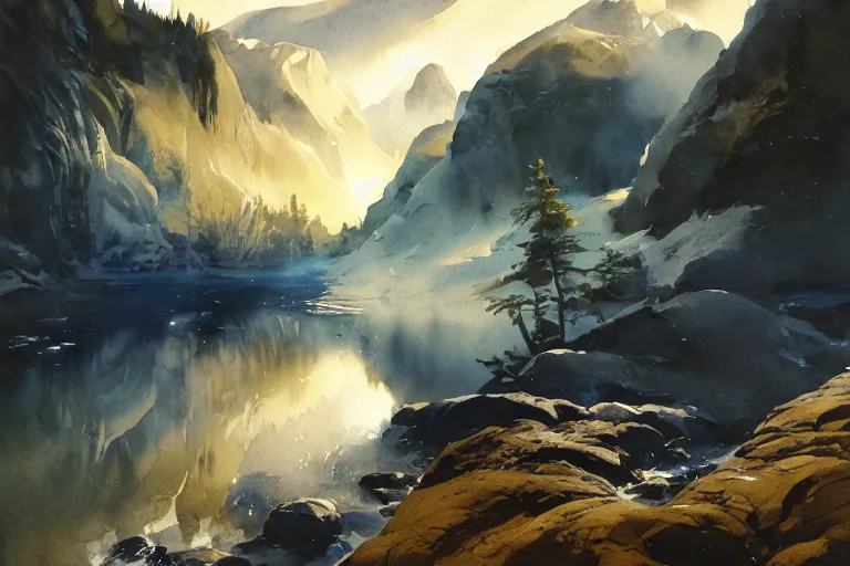 Prompt: watercolor painting of small cold river, reflections, tall mountains and clouds, mythological art by hans gude, ambient lighting and shadows, romance art by hans dahl, by jesper ejsing, art by anders zorn, wonderful masterpiece by greg rutkowski, cinematic light, american romanticism by greg manchess, creation by tyler edlin