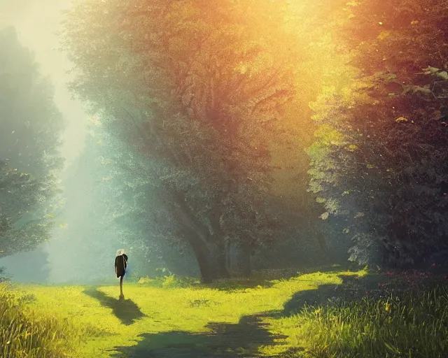 Prompt: a dreamy explorer wandering down a long winding path, exploring new friendly lands, with soft bushes, trees, and flowing grass on a bright sunny day, by alena aenami and atey ghailan, sunrays, atmospheric, warm