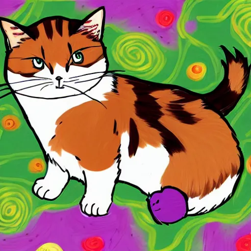 Image similar to illustrated chonky calico calico-cat!!!!!! In the style of Studio Ghibli!!! Calico, Colorful