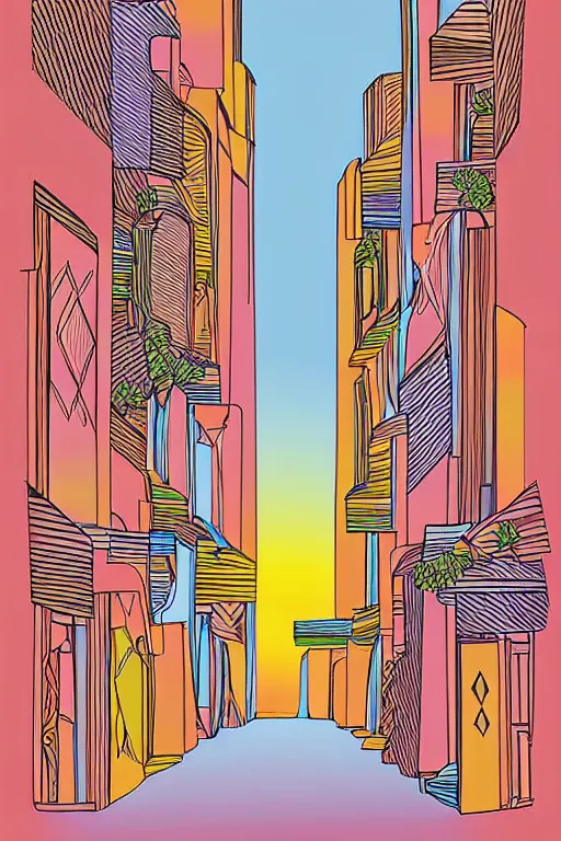 Image similar to minimalist boho style art of colorful sidi bousaid at sunrise, illustration, vector art