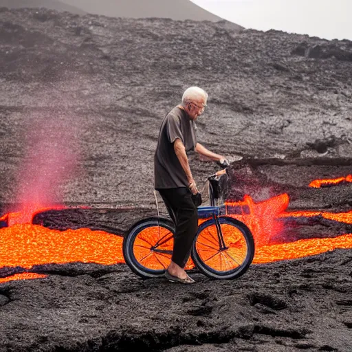 Image similar to elderly man on an aqua bike in a lava flow, volcano, eruption, magma, lava, canon eos r 3, f / 1. 4, iso 2 0 0, 1 / 1 6 0 s, 8 k, raw, unedited, symmetrical balance, wide angle