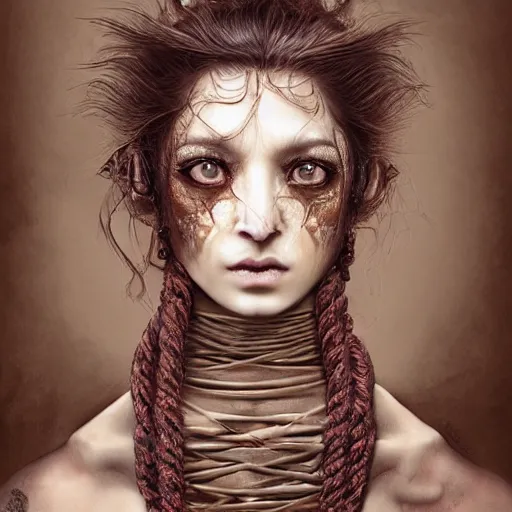 Prompt: portrait of a Shibari rope wrapped face and neck, headshot, insanely nice professional hair style, dramatic hair color, dark skin tones, digital painting, of a old 13th century, traveler, amber jewels, baroque, ornate clothing, scifi, realistic, hyperdetailed, chiaroscuro, concept art, art by Franz Hals and Jon Foster and Ayami Kojima and Amano and Karol Bak,