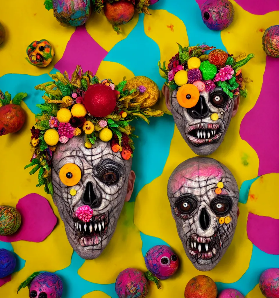 Prompt: headshot of a trickster nature zombie, head made of fruit and flowers in the style of arcimboldo, covered with iridescent bubbles, fragonard, photorealistic, dynamic lighting, action figure, clay sculpture, claymation, turquoise pink and yellow, rainbow stripe backdrop