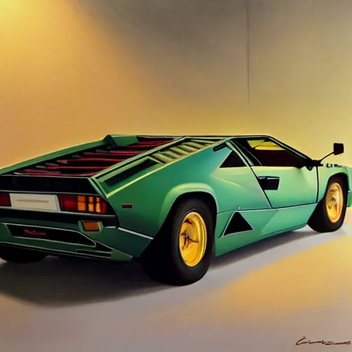 Prompt: A beautiful oil painting of a Lamborghini Countach, volumetric lighting, photorealistic, highly detailed.