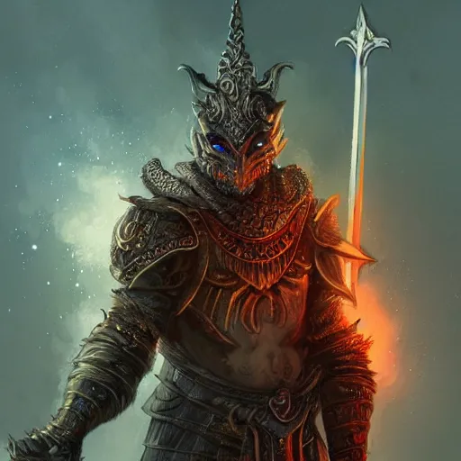 Prompt: a stunning illustration of a noble and fierce fantasy warrior, with glowing eyes, smoke out of eyes, with sword held high, intricate, highly detailed, concept art, smooth, sharp focus, atmospheric, cinematic