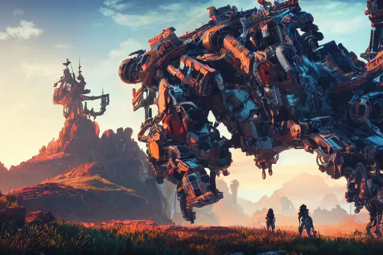 Image similar to rockbreaker machine mecanical creature robot of horizon forbidden west horizon zero dawn radiating a glowing aura global illumination ray tracing hdr fanart arstation by ian pesty and alena aenami artworks in 4 k