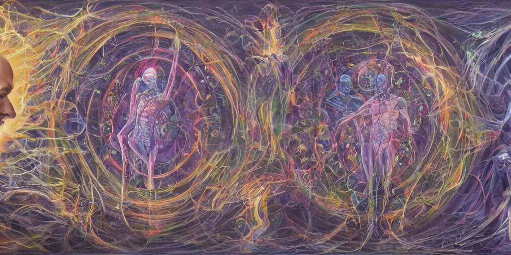 Image similar to mortal contemplations is a vision based on a meditative moment of self - reflection on the condition of being subject to death, inspired by the pandemic's forced collective confrontation of mortality on a global scale, volumetric lighting and shadows, concept art, biomechanical, realistic oil painting by alex grey