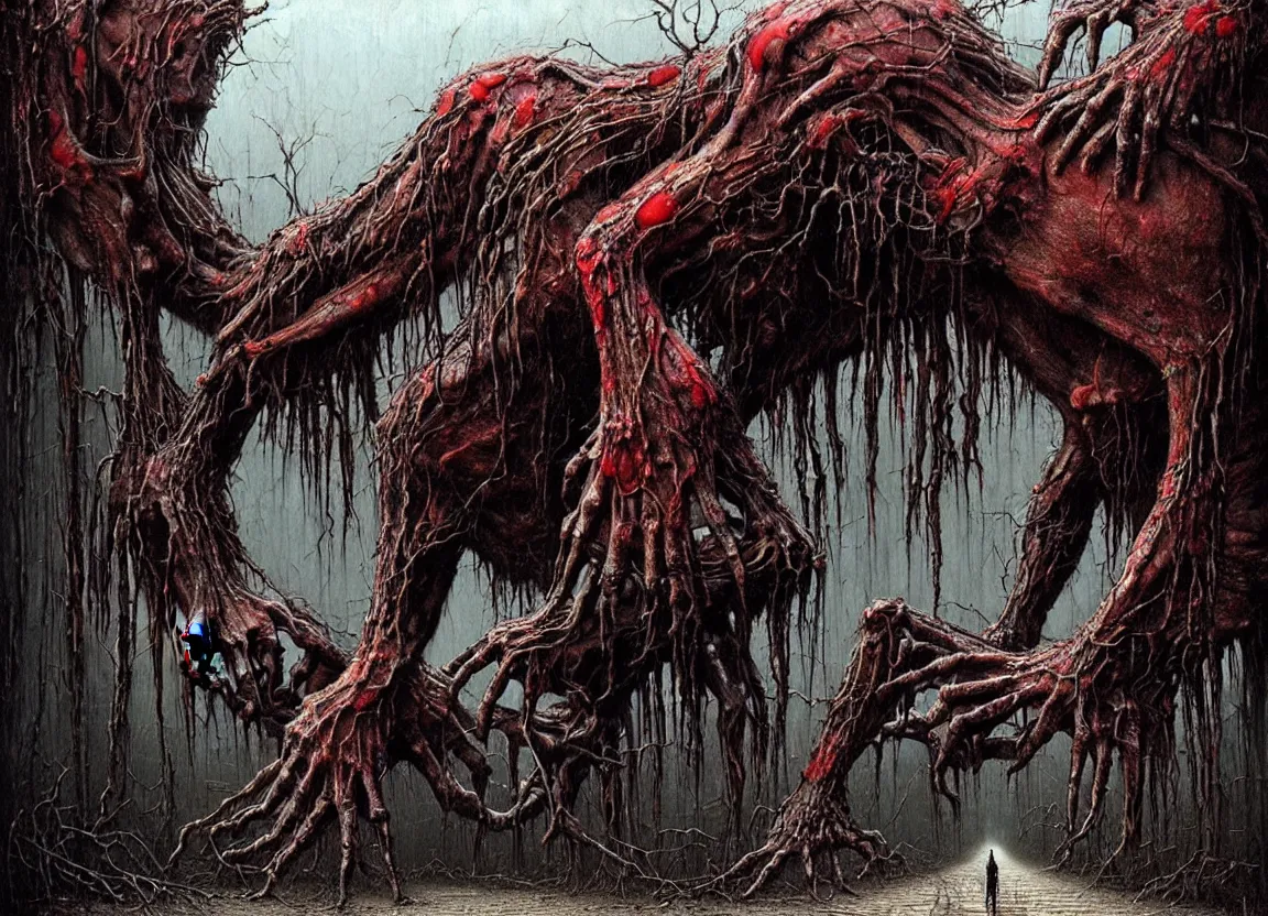 Image similar to Giant fanged limb monster walks in the road. Drops of blood, meat with veins, mouths, eyes. Dark colors, high detail, hyperrealism, horror art, intricate details, masterpiece, biopunk, body-horror, art by Esao Andrews, Beksinski, Giger