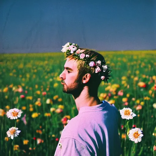 Prompt: kodak colorplus 2 0 0 photograph of a skinny blonde guy standing in a field of flowers, flower crown, back view, grain, moody lighting, telephoto, 9 0 s vibe, blurry background, vaporwave colors!, faded!,