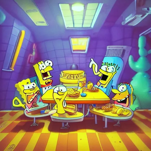 Prompt: spongebob squarepants eating at the krusty krab, inspired by stephen hillenburg, perfect symmetry, dim volumetric cinematic lighting, extremely hyper - detailed attributes & atmosphere, intricately proportional, masterpiece, artstation, stunning,