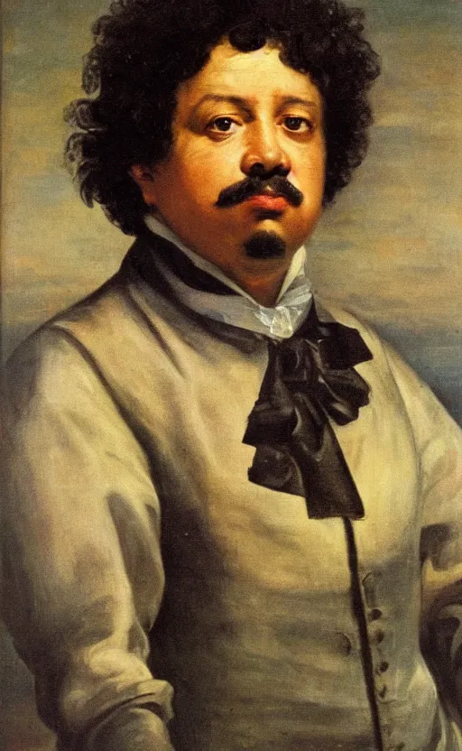 Image similar to Portrait of Alexandre Dumas, oil on canvas, highly detailed, by Delacroix, 8k