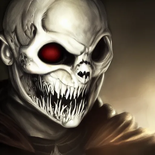 Image similar to photorealistic dark fantasy concept art of nightmare sans with his eye glowing, dynamic lighting, stunning visuals, ray tracing, beautiful scenery, cinematic, full body portrait, ultra detailed, hyper detail, stunning detail