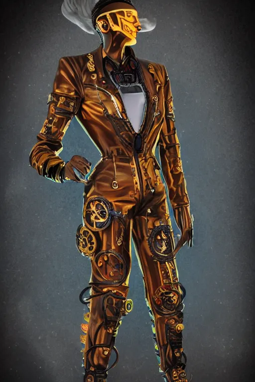 Prompt: photo of a steampunk jump suit, band merchandise, bandname is tripmachine, tourname is invasion of the tripmachines, realistic digital art, jump suit is textured with a 3 d render of a huge futuristic steampunk generator, 8 k, fluorescent colors, halluzinogenic, multicolored, exaggerated detailed, unreal engine