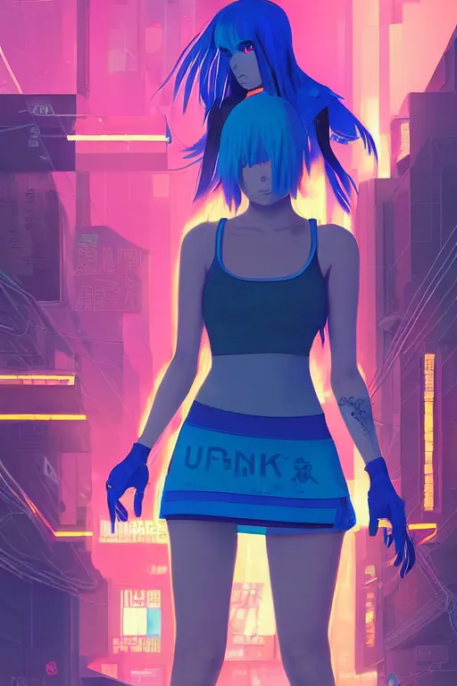 Image similar to digital illustration of cyberpunk pretty girl with blue hair, wearing a short mini skirt and tank top, with a cyberpunk dragon in city street at night, by makoto shinkai, ilya kuvshinov, lois van baarle, rossdraws, basquiat