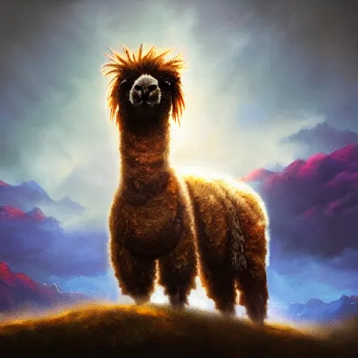 Prompt: alpaca with dreadlocks, heroic pose, dramatic lighting, volumetric lighting, by Noah Bradley