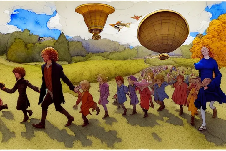 Image similar to a hyperrealist watercolor concept art of the pied piper leading children out of town. an elegant golden ufo is in the sky. very muted colors, by rebecca guay, michael kaluta, charles vess. high detail, hq, wide shot, 4 k