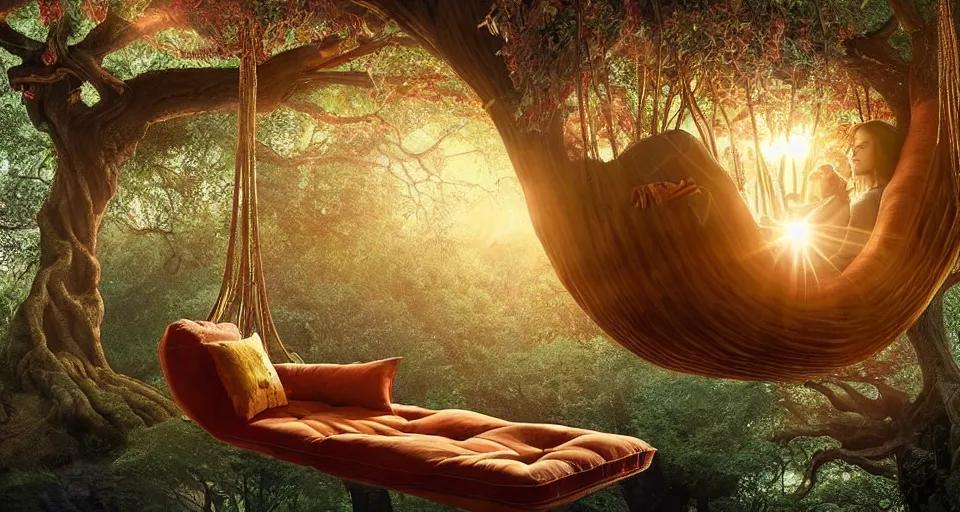 Prompt: an incredibly beautiful scene from a 2 0 2 2 marvel film featuring a cozy art nouveau reading nook in a fantasy treehouse interior. a couch with embroidered pillows. a tree trunk. suspended walkways. golden hour. 8 k uhd.
