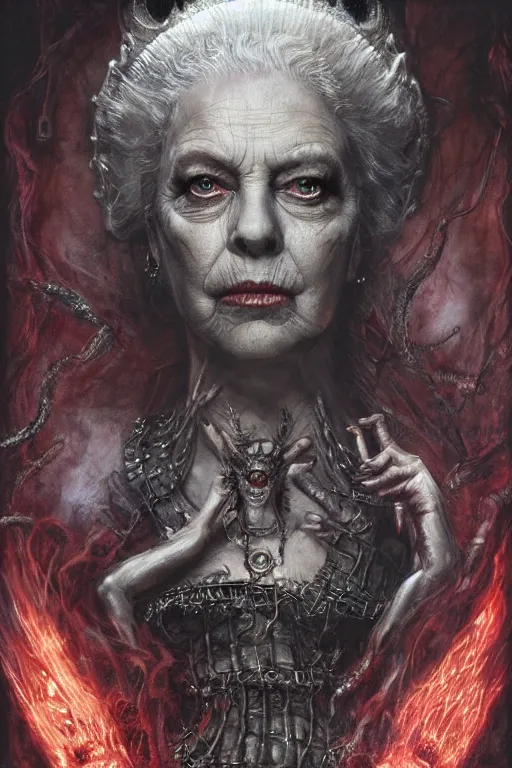 Image similar to portrait of queen elizabeth the first by hr giger, greg rutkowski, luis royo and wayne barlowe as a diablo, resident evil, dark souls, bloodborne monster