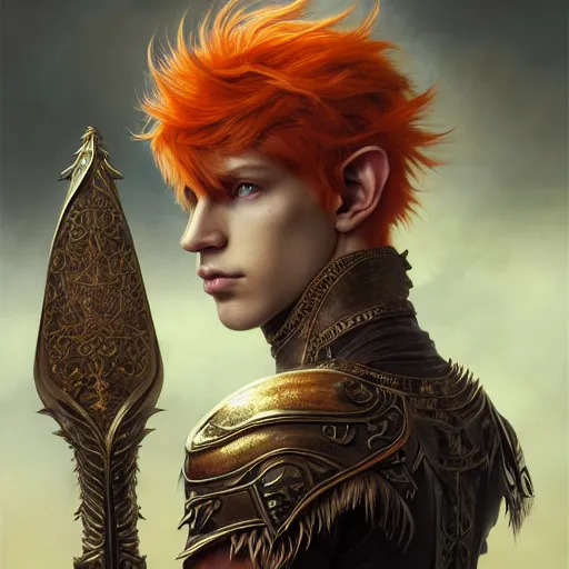 Image similar to portrait painting of an elven male teen with short light orange hair and tribal tattoos on his face wearing fur armor, ultra realistic, concept art, intricate details, eerie, highly detailed, photorealistic, octane render, 8 k, unreal engine. art by artgerm and greg rutkowski and charlie bowater and magali villeneuve and alphonse mucha