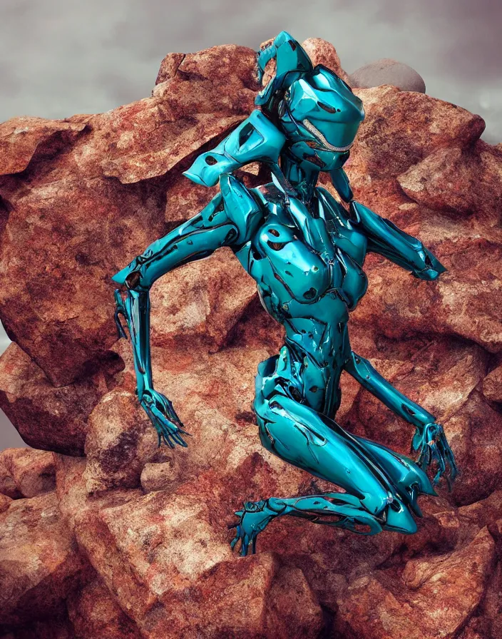 Prompt: positing on rock Guyver!!!with many biomechanical details, full lenght view. Vogue magazine. halo. octane rendering, cinematic, hyperrealism, octane rendering, 8k, depth of field, bokeh. iridescent accents. vibrant. teal gold and red color scheme