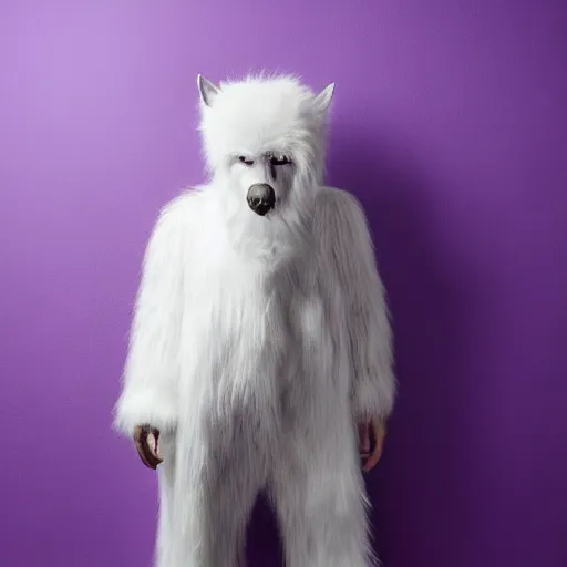 Image similar to a photo of a white fur monster standing in a purple room