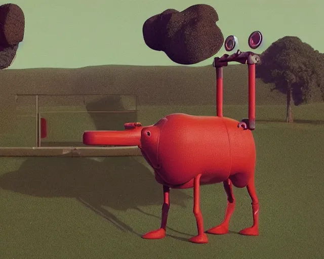 Prompt: Anthropomorphic Animatronic walking beef machine, painting by Grant Wood, 3D rendering by Beeple, directed by Wim Wenders, cinematography by Robby Müller