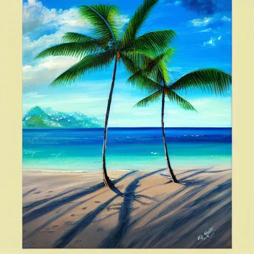 Image similar to A beautiful award winning painting of a tropical beach with palm trees and blue ocean, trending on artstation