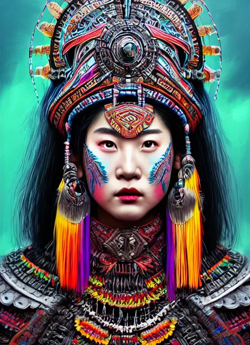 Image similar to portrait of liu yifei, hyper detailed ultra sharp aztec shaman warrior. trending on artstation, warpaint aesthetic, bloodwave, colorful, psychedelic, ornate, intricate, digital painting, concept art, smooth, sharp focus, illustration, art by artgerm and greg rutkowski and h. r. giger, 8 k