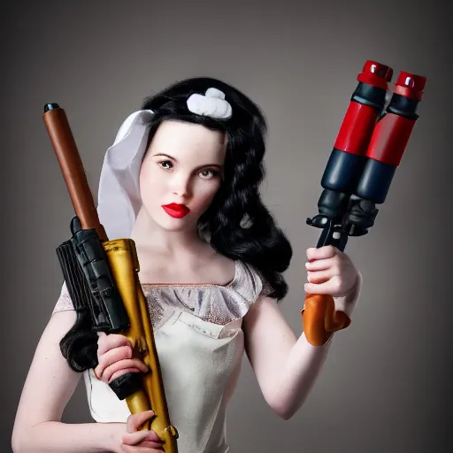 Image similar to snow - white holding a rocket launcher. portrait photography.