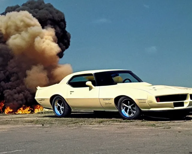 Image similar to Pontiac firebird drivning away from an explotion, 70's movie scen