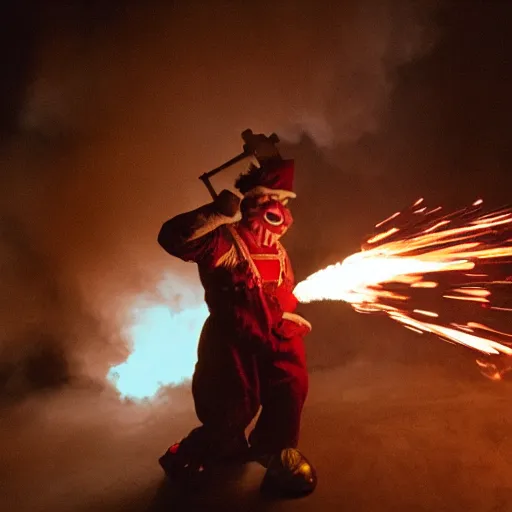 Image similar to photo of a clown using a flamethrower projecting a long flame. Cinematic, epic