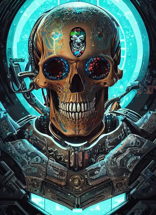 Prompt: a stylish cyborg skull from the future, digital art by Dan Mumford and Peter Mohrbacher and John Blanche, highly detailed, in the style of warhammer 40k