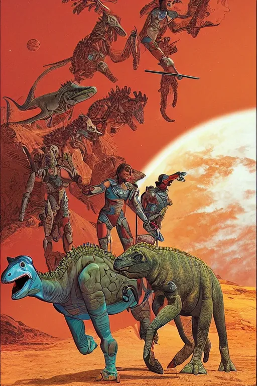 Image similar to beautiful amazons riding dinosaurs on mars against a backdrop of canyons, mercury rainbows in the sky and space fighters shooting, artwork by jean giraud