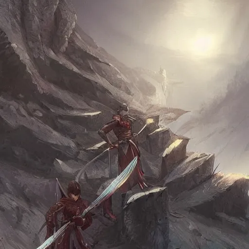 Image similar to a hill made of swords, in an arena, fantasy, digital art, by artgerm and greg rutkowski