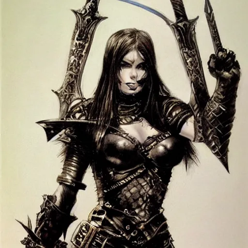 Prompt: portrait of a goth emo girl wearing armor and holding sword by frank fazetta simon bisley, fantasy, barbarian