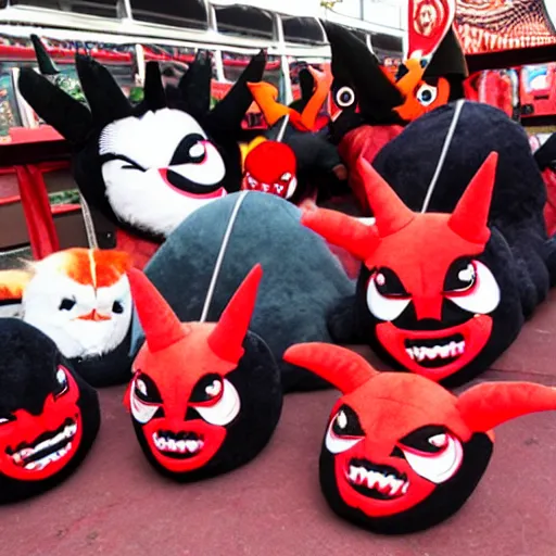 Image similar to devilish - looking demon plushies being sold at an amusement park