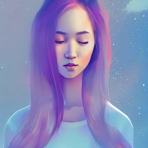 Image similar to a thin, pretty young Filipino woman with long hair floats in a dreamy world, very beautiful, inspiring, abstract digital art, trending on artstation