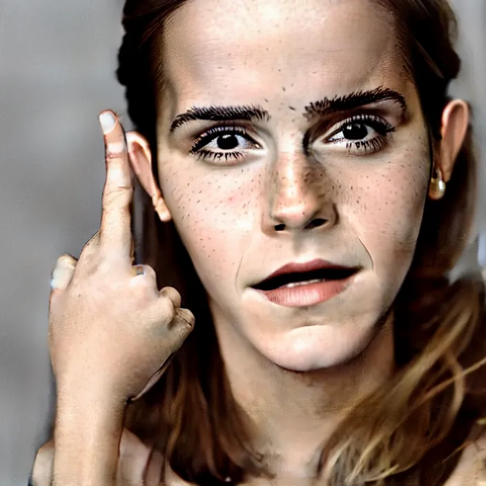 Prompt: emma watson pointing her face looking to the left. portrait by martin schoeller. detailed, 4 k, morning hour.